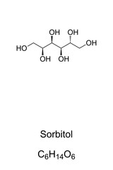 Sorbitol, chemical formula and skeletal structure. Also called glucitol. Sugar alcohol, used as sweetener, sugar substitute, food additive, in medicine and health care. Illustration over white. Vector