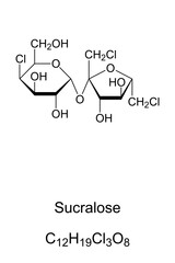 Sucralose, chemical formula and skeletal structure. Artificial sweetener and sugar substitute. E955, a noncaloric, 300 to 1000 times sweeter than table sugar. Isolated illustration over white. Vector.