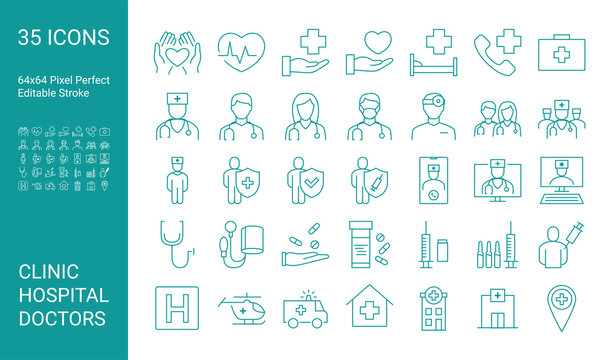 Set of line icons of doctor. Editable vector stroke. 64x64 Pixel Perfect.