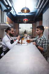 Vertical shot of a bartender talking to male customer over the counter at beer pub