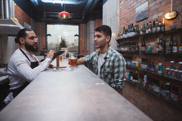 Bearded bartender talking to male client, working at the pub, copy space