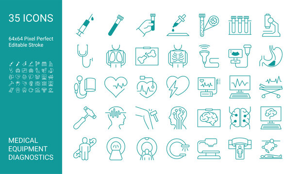 Set of icons of medical diagnostics and equipment. Stethoscope, Mri scanner, ultrasound, x-ray, endoscopy, tonometer. Editable vector stroke. 64x64 Pixel Perfect.