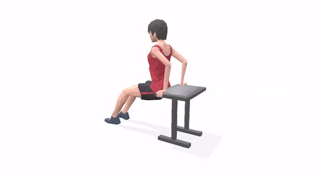 Woman exercise animation 3d model on a white background in the t-shirt. Low Poly Style. Turntable camera view