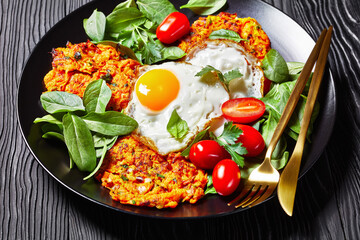carrots pancakes with Fried Eggs and spinach