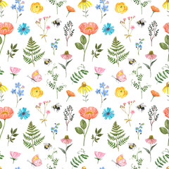 Cute summer floral seamless pattern. Watercolor orange, blue, yellow, pink wildflowers, green leaves on white background. Shabby chic country style print. Hand drawn design texture.