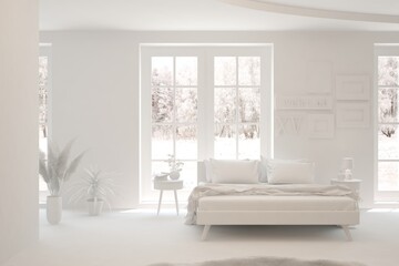 Modern bedroom in white color. Scandinavian interior design. 3D illustration