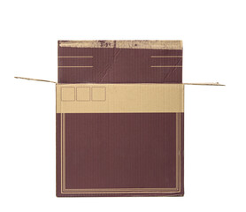 open cardboard rectangular box made of corrugated brown paper isolated on a white background