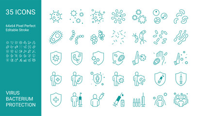 Set of thin line icon set with bacterium, virus, microbe and protection shield. 64x64 Pixel Perfect. Editable Stroke.