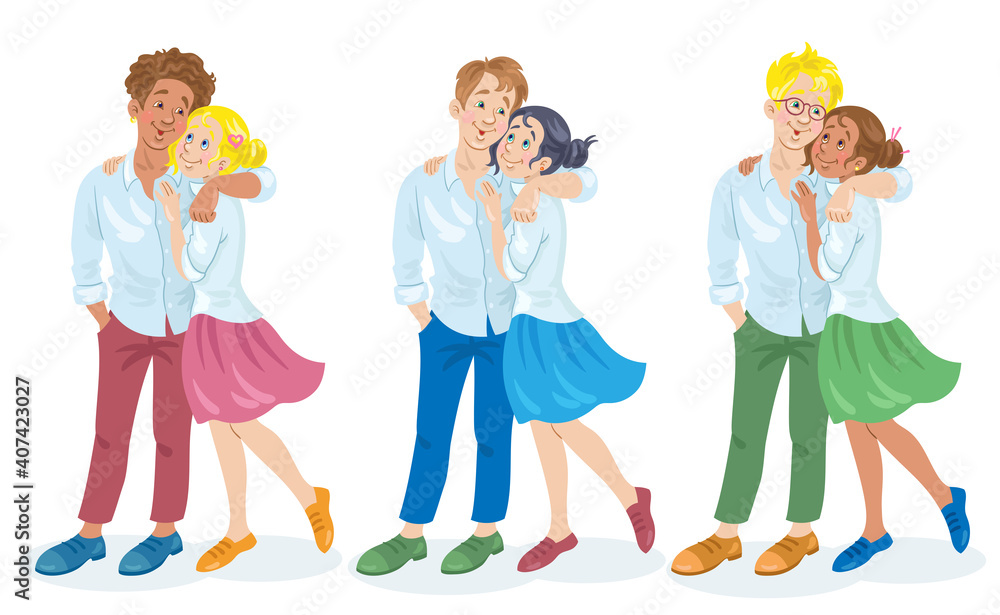 Canvas Prints Three young happy multicultural couples. A man and a woman are embracing. In cartoon style. Isolated on white background. Vector flat illustration