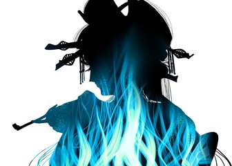 Silhouette of a Japanese geisha in the blue flames of jealousy.