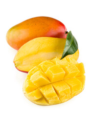 mango slice with green leaves isolated on white background. top view