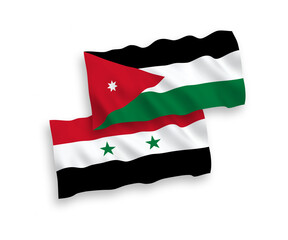 National vector fabric wave flags of Hashemite Kingdom of Jordan and Syria isolated on white background. 1 to 2 proportion.