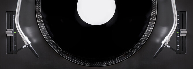 Turntable with black record. Long banner