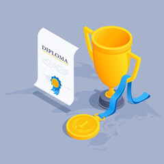 isometric vector illustration on gray background, cup and gold medal next to diploma, awards and championships