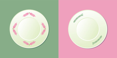 Set of two vector plates with green and pink floral ornaments.