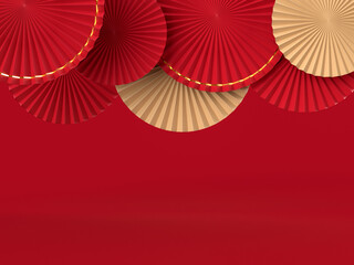 Paper fan medallion chinese new year decoration. Concept of Happy Chinese New Year festival background. 3D rendering - obrazy, fototapety, plakaty