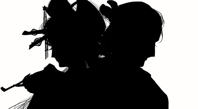 silhouette of a Japanese geisha and samurai’s couple 