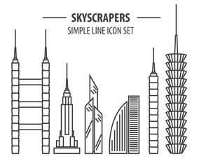 Skyscrapers simple line icon set isolated on white