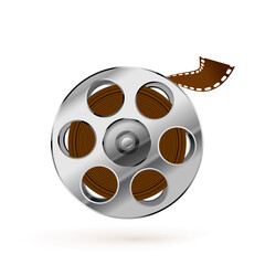Glossy realistic film reel and twisted cinema tape icon on white background