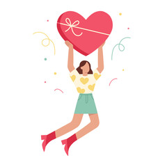 Woman holding a heart shaped present. Flat hand drawn illustration. Lady jumping with hands up. Valentine's day postcard.