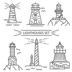 Some species of lighthouses. Thin line vector icon set.
