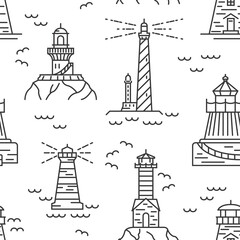 Lighthouses seamless pattern. Thin line vector design