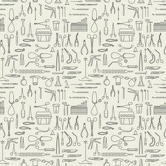 Medical instruments thin linear icon set. Gynecology, otorhinolaryngology, dentistry, surgery, therapy seamless pattern