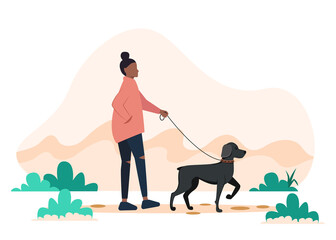 African American woman walking the dog. Vector illustration in flat style, concept illustration for healthy lifestyle, sport, exercising