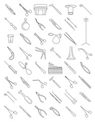 Medical instruments thin linear icon set. Gynecology, otorhinolaryngology, dentistry, surgery, therapy and other