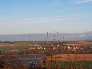 view from the medieval castle in the forest in the autumn afternoon, sunny cold day, wild nature, adventure trip, family travel,