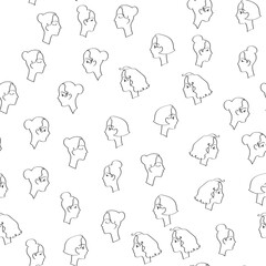 Pattern with retro portraits of women, hand drawn sketches. Profile portraits