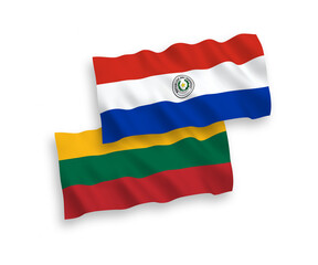 Fototapeta premium National vector fabric wave flags of Lithuania and Paraguay isolated on white background. 1 to 2 proportion.