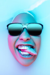 Gremaces. Beautiful female face in the milk bath with soft glowing in blue-pink neon light....