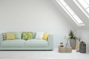 White living room with sofa. Scandinavian interior design. 3D illustration
