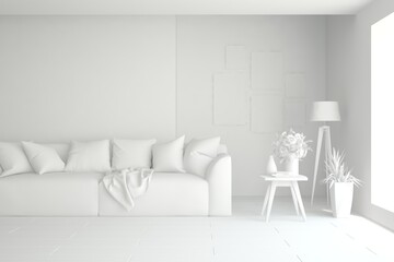 White minimalist living room with sofa. Scandinavian interior design. 3D illustration