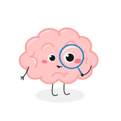 Funny comic cartoon brain character with magnifier