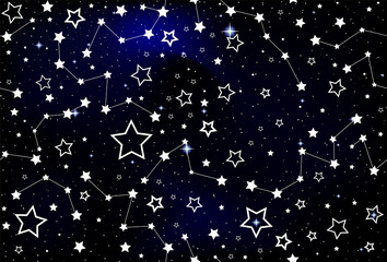 Fototapeta premium Beautiful decorative vector seamless pattern with hand drawn stars and constellations