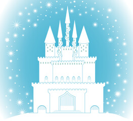 Enchanted castle in the frame of beautiful handwritten snowflakes. Happy New Year and Merry Christmas winter illustration. Vector background