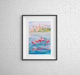 Watercolor painting of flamingos sketch 3d illustration