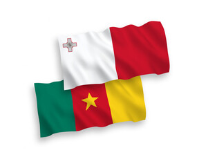 National vector fabric wave flags of Malta and Cameroon isolated on white background. 1 to 2 proportion.