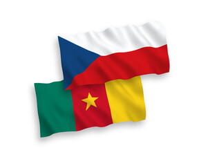 National vector fabric wave flags of Czech Republic and Cameroon isolated on white background. 1 to 2 proportion.