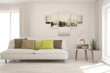 White living room with sofa. Scandinavian interior design. 3D illustration