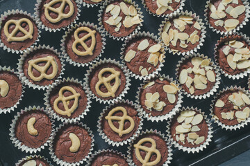 Flat lay pictures food or cake, brownies chocolate flavor, delicious sweet is dessert homemade...