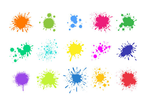 Paint splashes. Grunge colored splatters. Blotter spots. liquid paint drip drop splash set. Vector colorful ink stains. Abstract splats. Isolated on white background