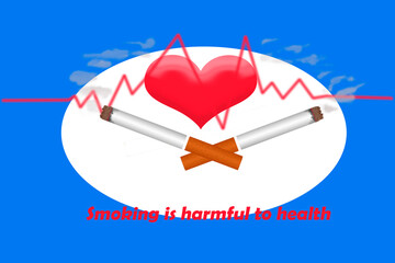 3D rendering. In an oval frame on a white background, a heart with a cardiogram graph. Below is two smoking cigarettes and the inscription: "Smoking is harmful to health".