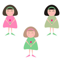 Set of vector cute girls with pink tulips in flat style on a white background. Design element for postcard, poster, wallpaper, print, textile, packing, background. Isolated child characters.