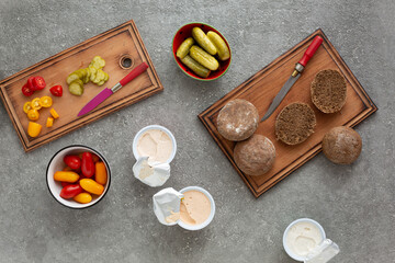 Cooking Vegetarian Spread Sandwiches with Vegetables, top view