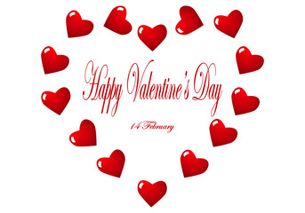 Feliz día de San Valentín o de los enamorados entre corazones y sobre fondo blanco