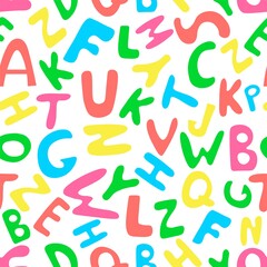 English hand draw alphabet. Seamless pattern with letters for kids. Vector illustration.