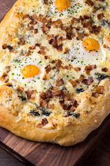 Flatbread pizza with meatballs, marinara sauce, Parmesan cheese and fresh Italian parsley. Classic American or Italian restaurant favorite. Homemade pizza dough with sauces, meats and cheeses.